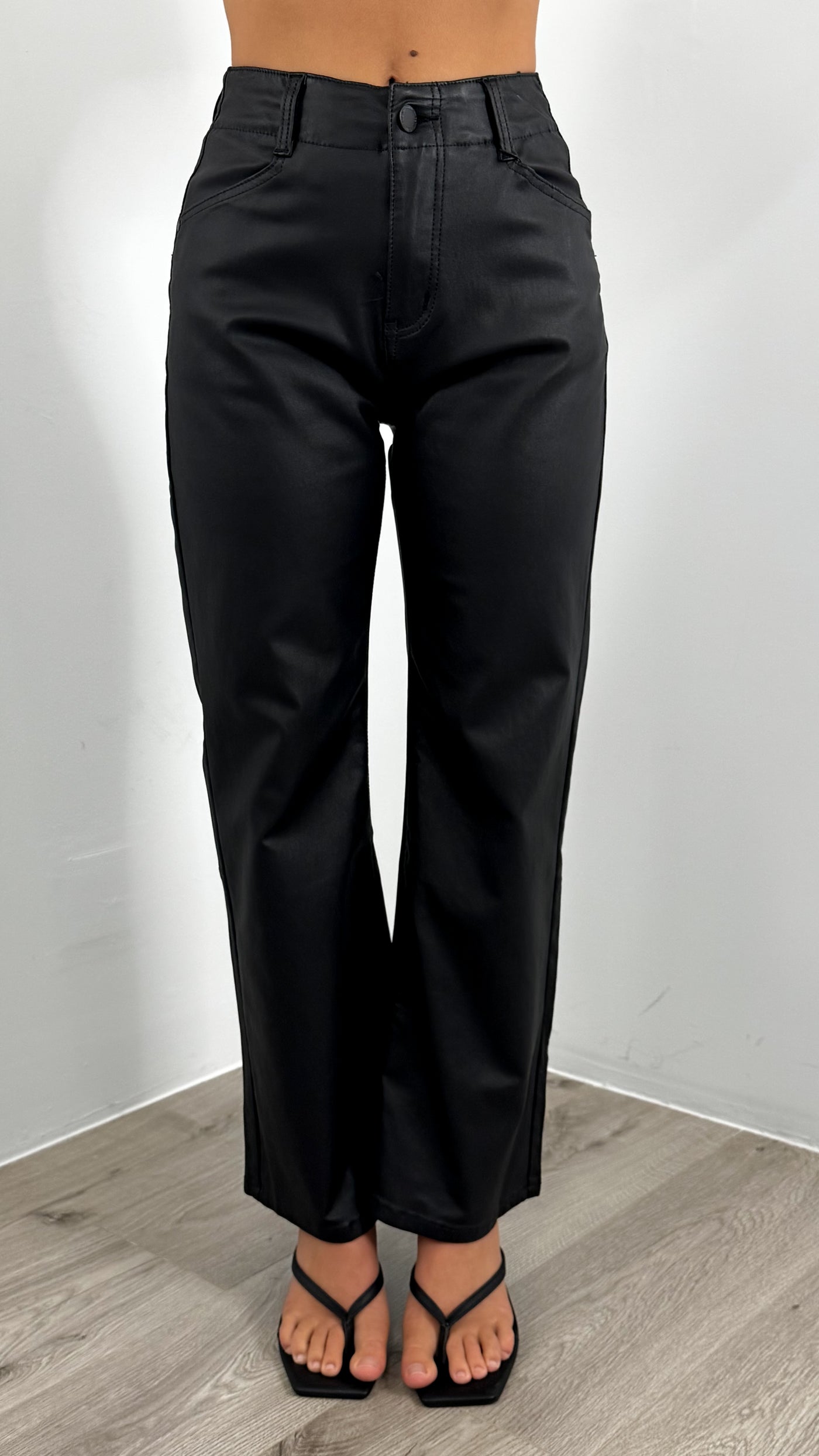 PERRY WAXED LOOK STRETCH WIDE LEG JEAN - BLACK