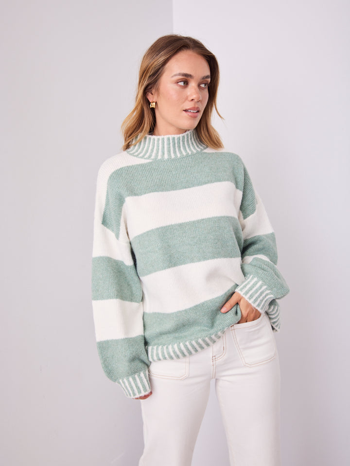 BESSIE BLOCK STRIPE KNIT - SAGE/WHITE