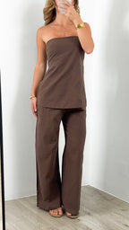 MYRA STRAPLESS TOP + PANT SET - CHOCOLATE
