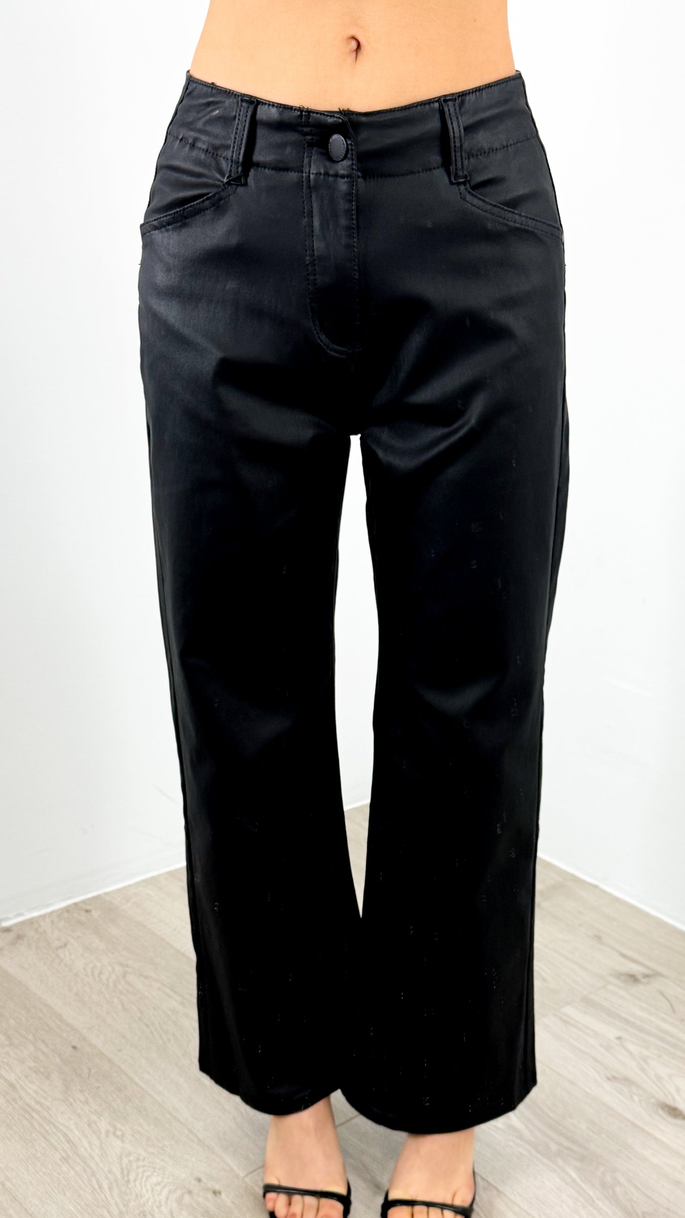 PERRY WAXED LOOK STRETCH WIDE LEG JEAN - BLACK