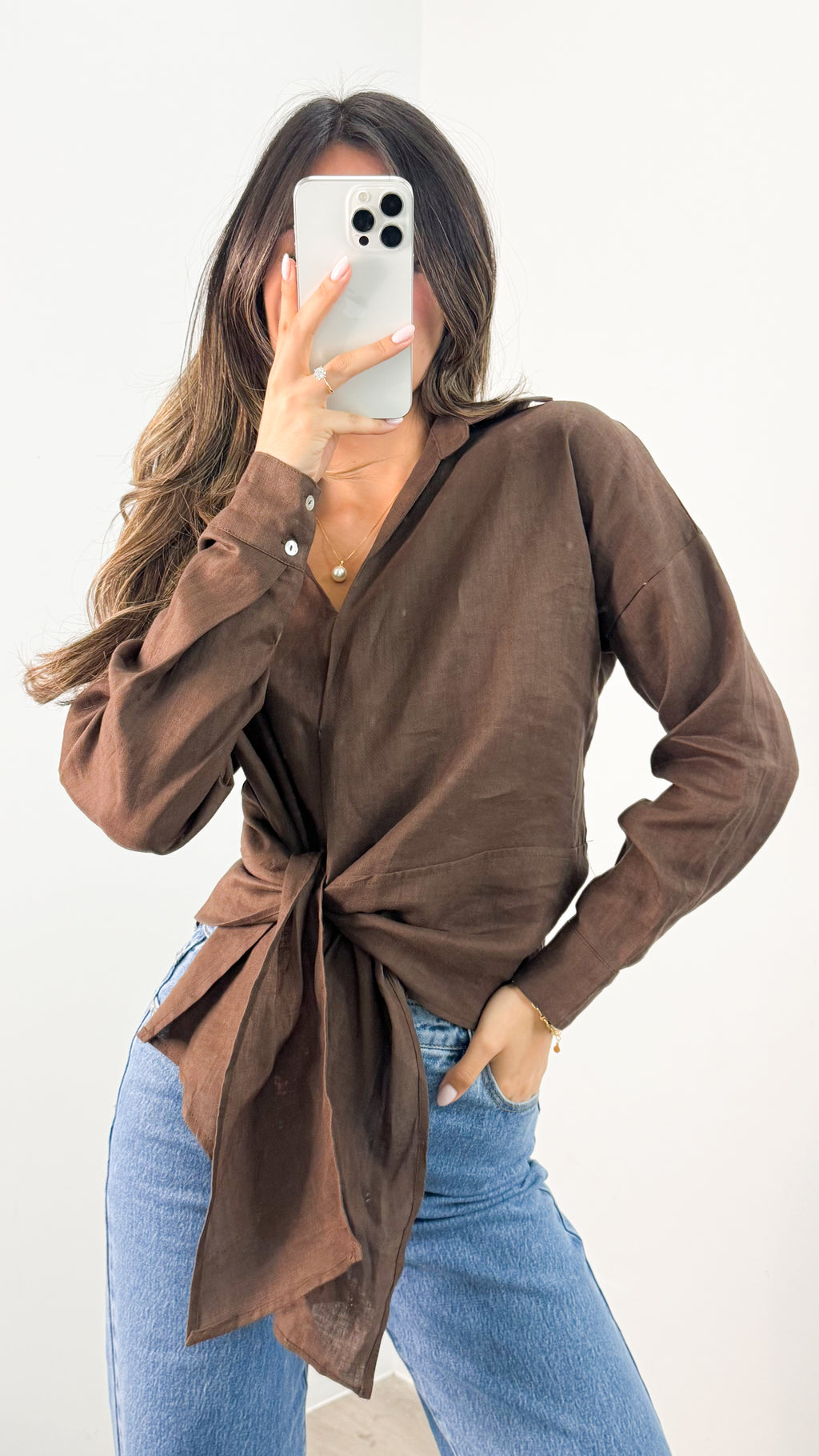 COMO LONG SLEEVE LINEN SHIRT - CHOCOLATE