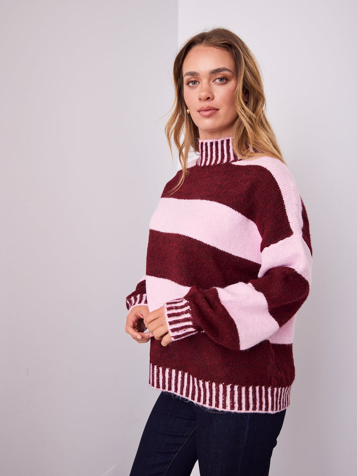 BESSIE BLOCK STRIPE KNIT - WINE/PINK