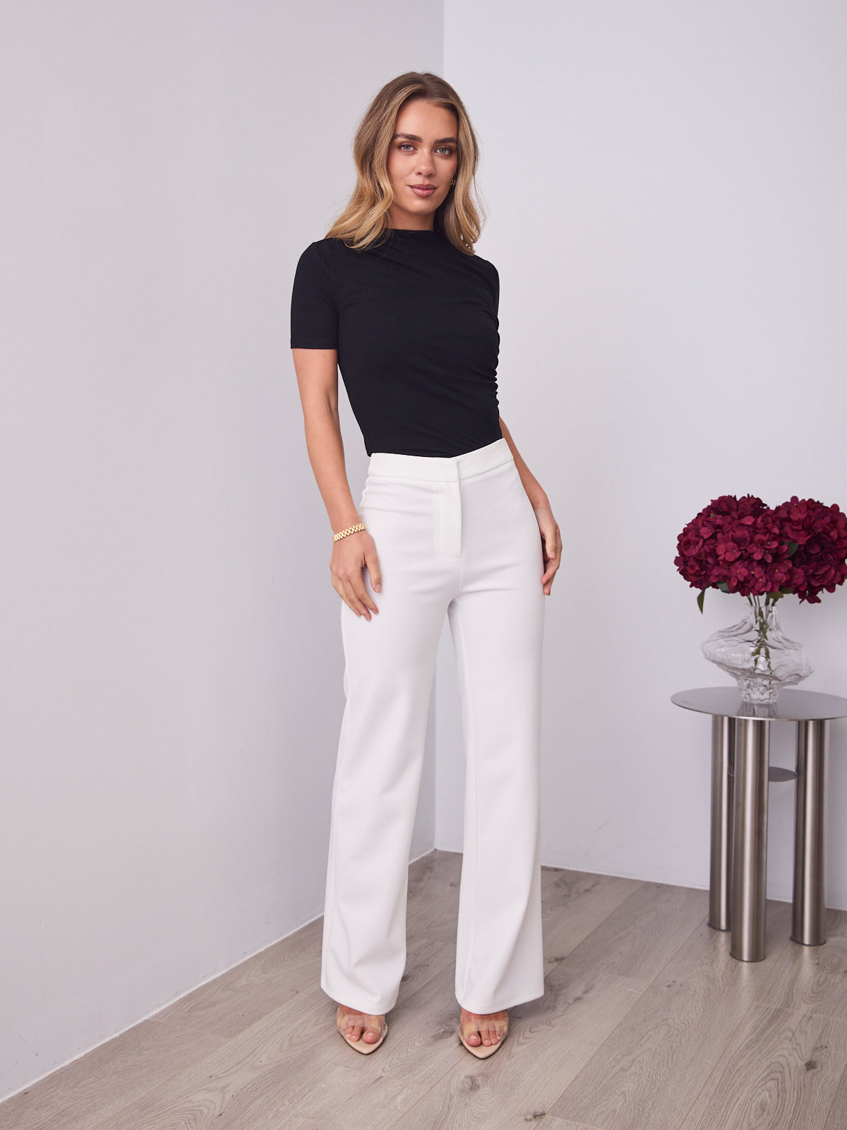 DALTON STRETCH JERSEY HIGH WAISTED STRAIGHT LEG PANT - WHITE