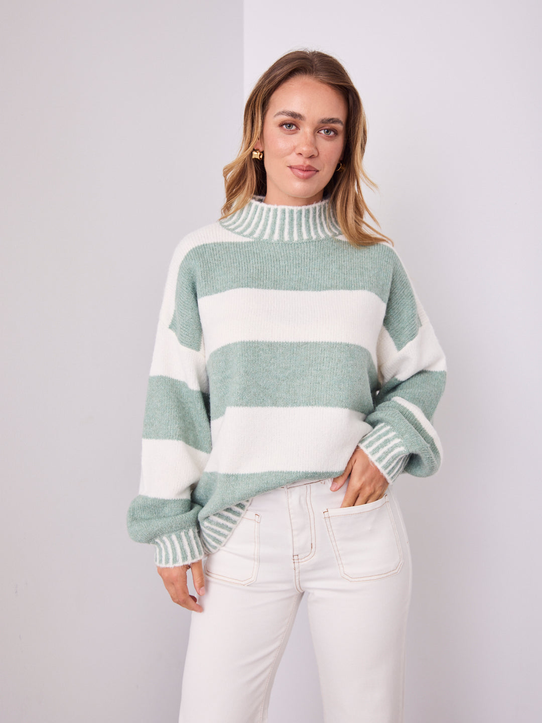 BESSIE BLOCK STRIPE KNIT - SAGE/WHITE