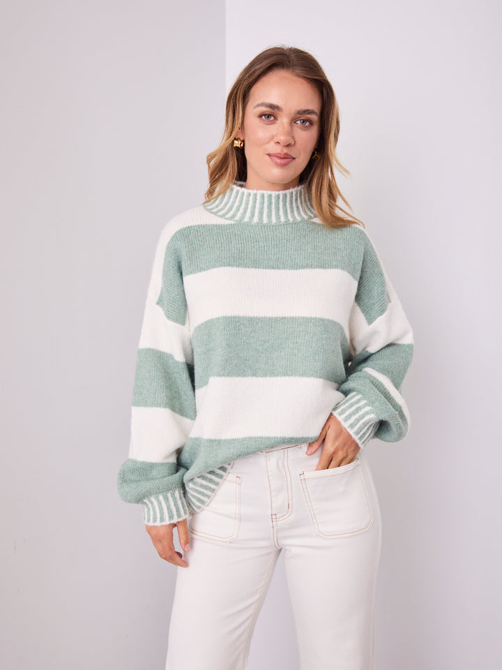BESSIE BLOCK STRIPE KNIT - SAGE/WHITE