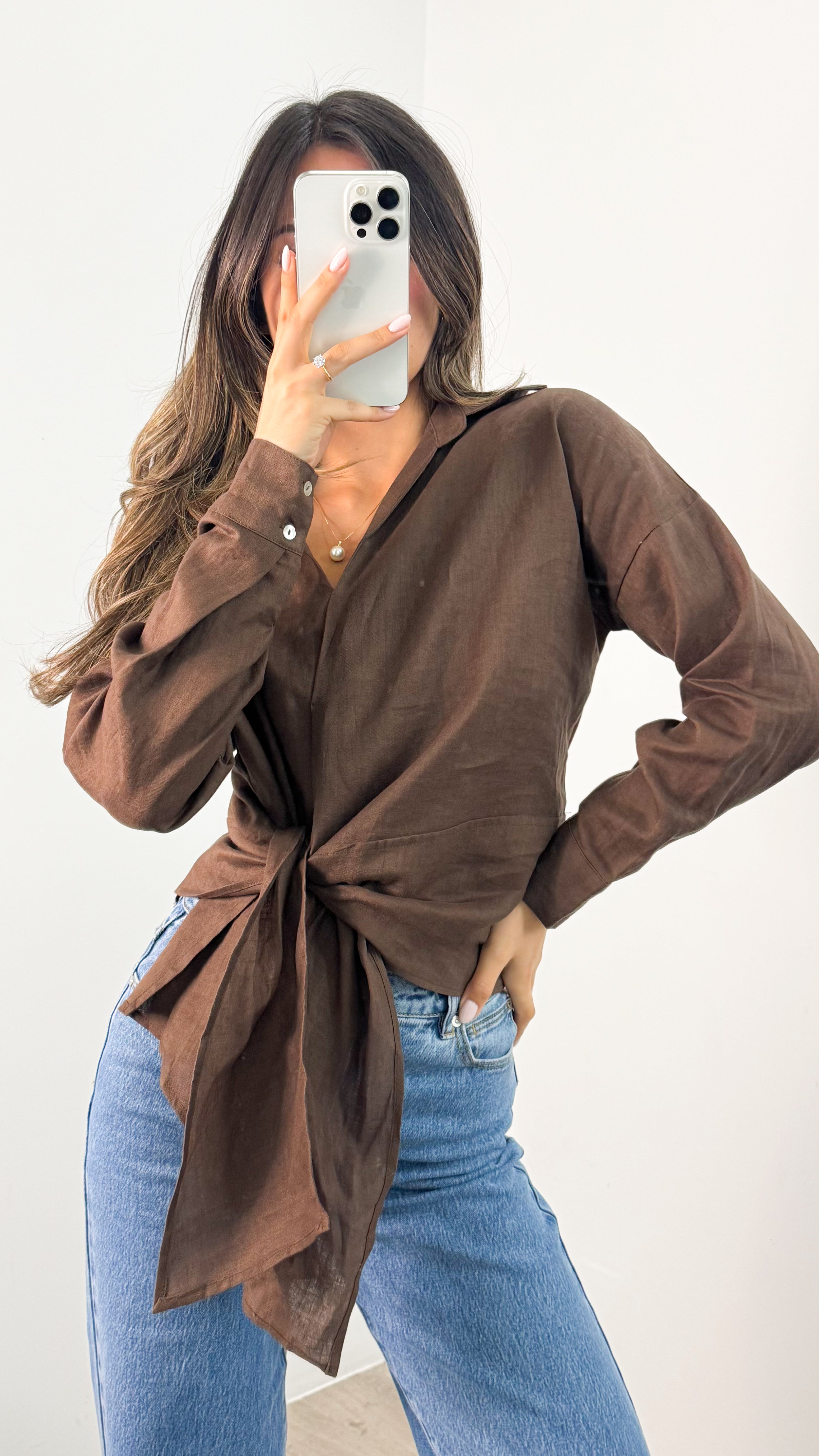 COMO LONG SLEEVE LINEN SHIRT - CHOCOLATE