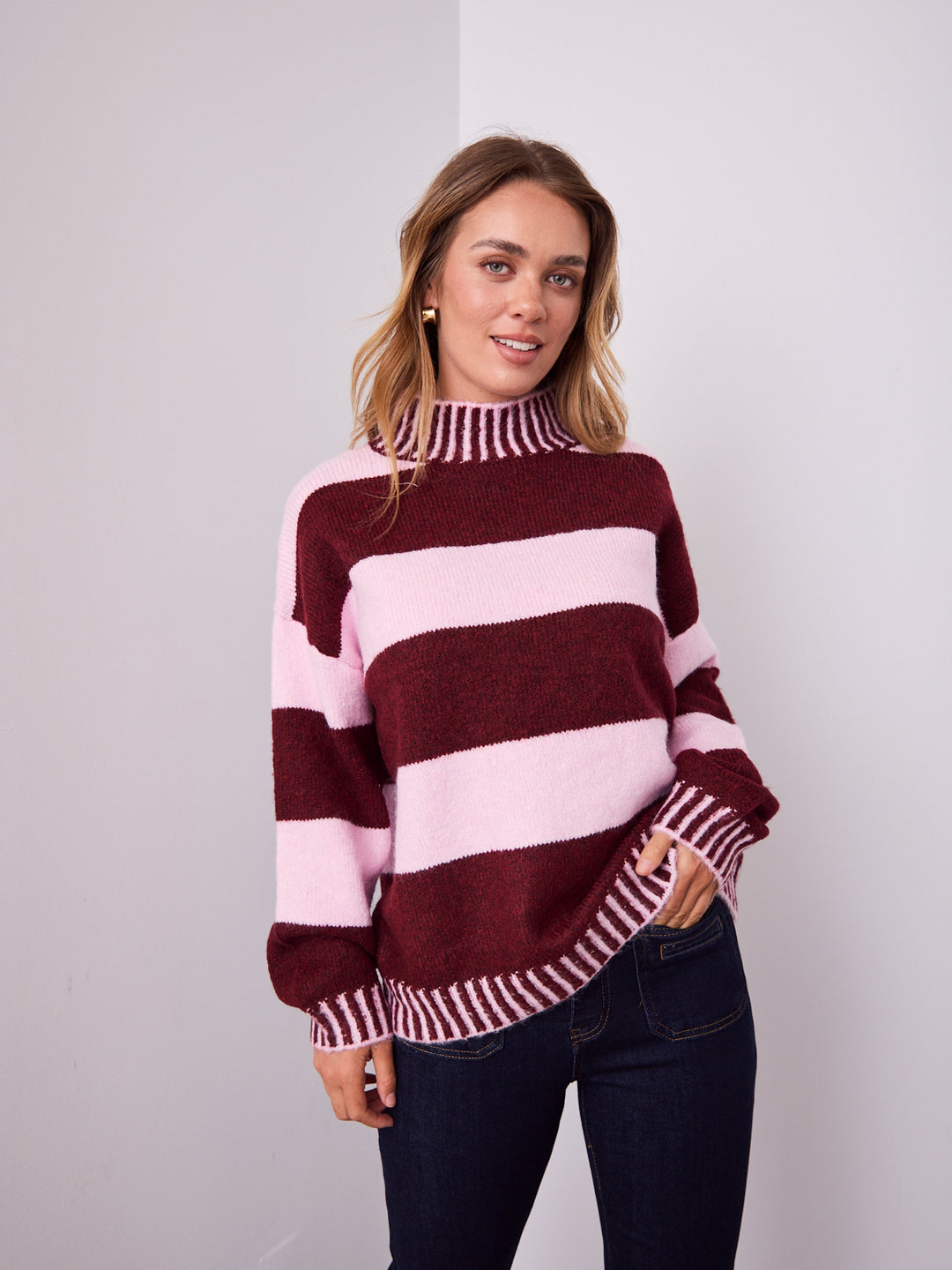 BESSIE BLOCK STRIPE KNIT - WINE/PINK