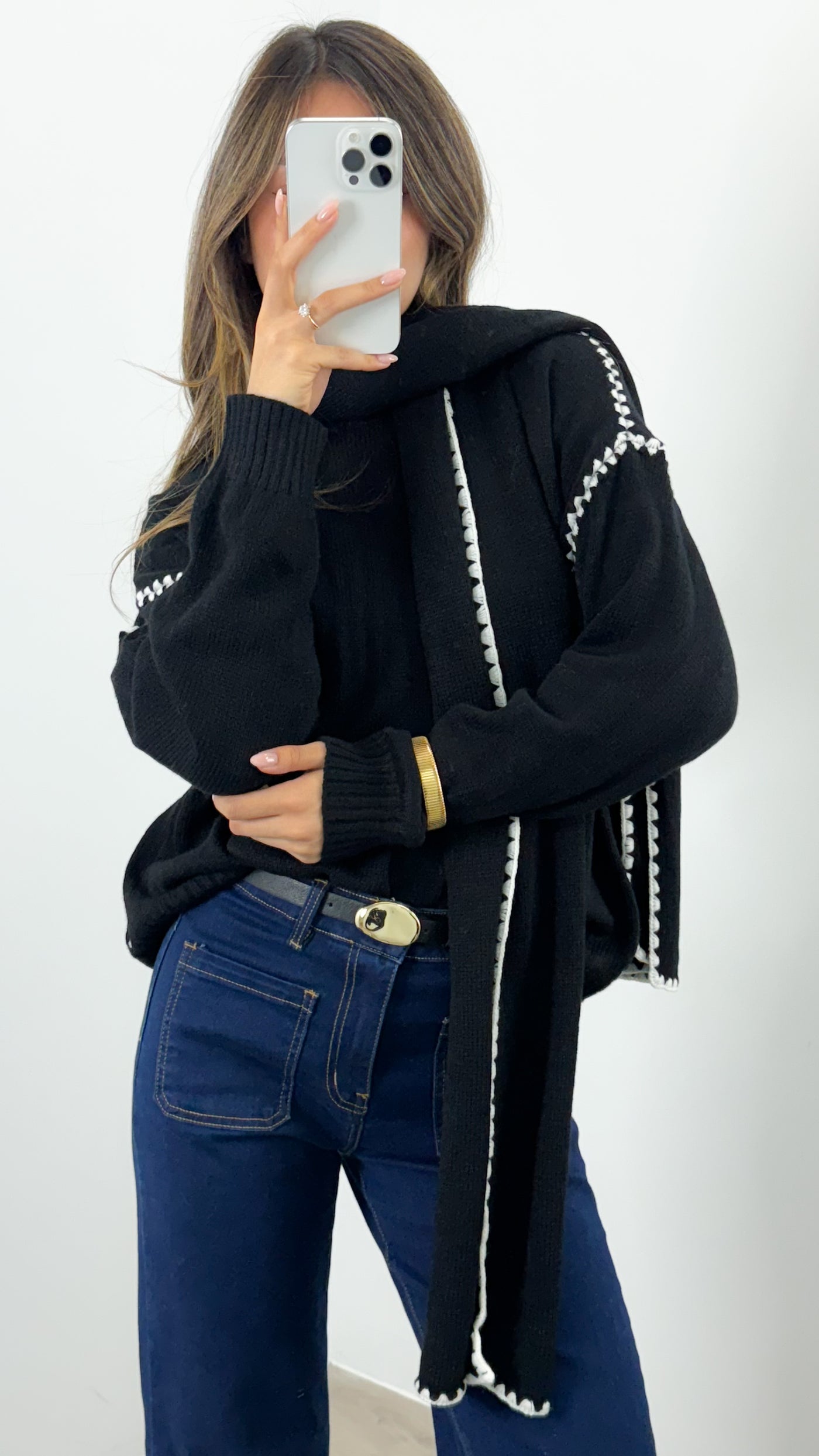 PARIS STITCH KNIT WITH SCARF - BLACK