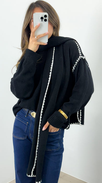 PARIS STITCH KNIT WITH SCARF - BLACK