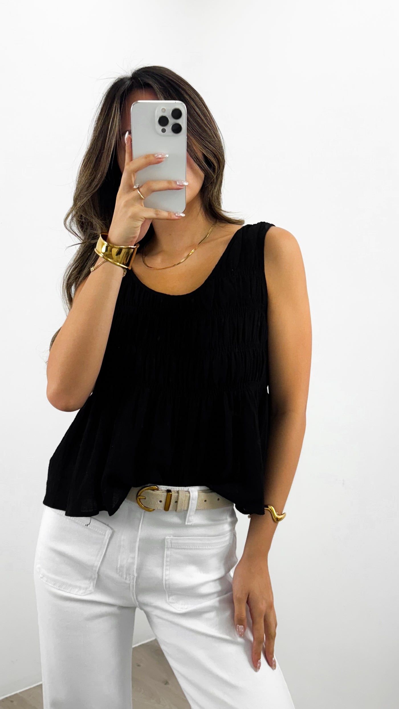 PALIA SHIRRED SINGLET - BLACK