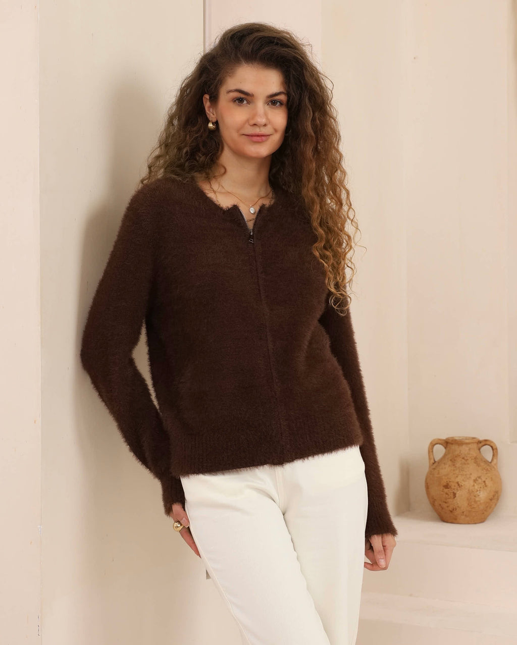 DOMINIQUE ZIP FLUFFY KNIT - CHOCOLATE