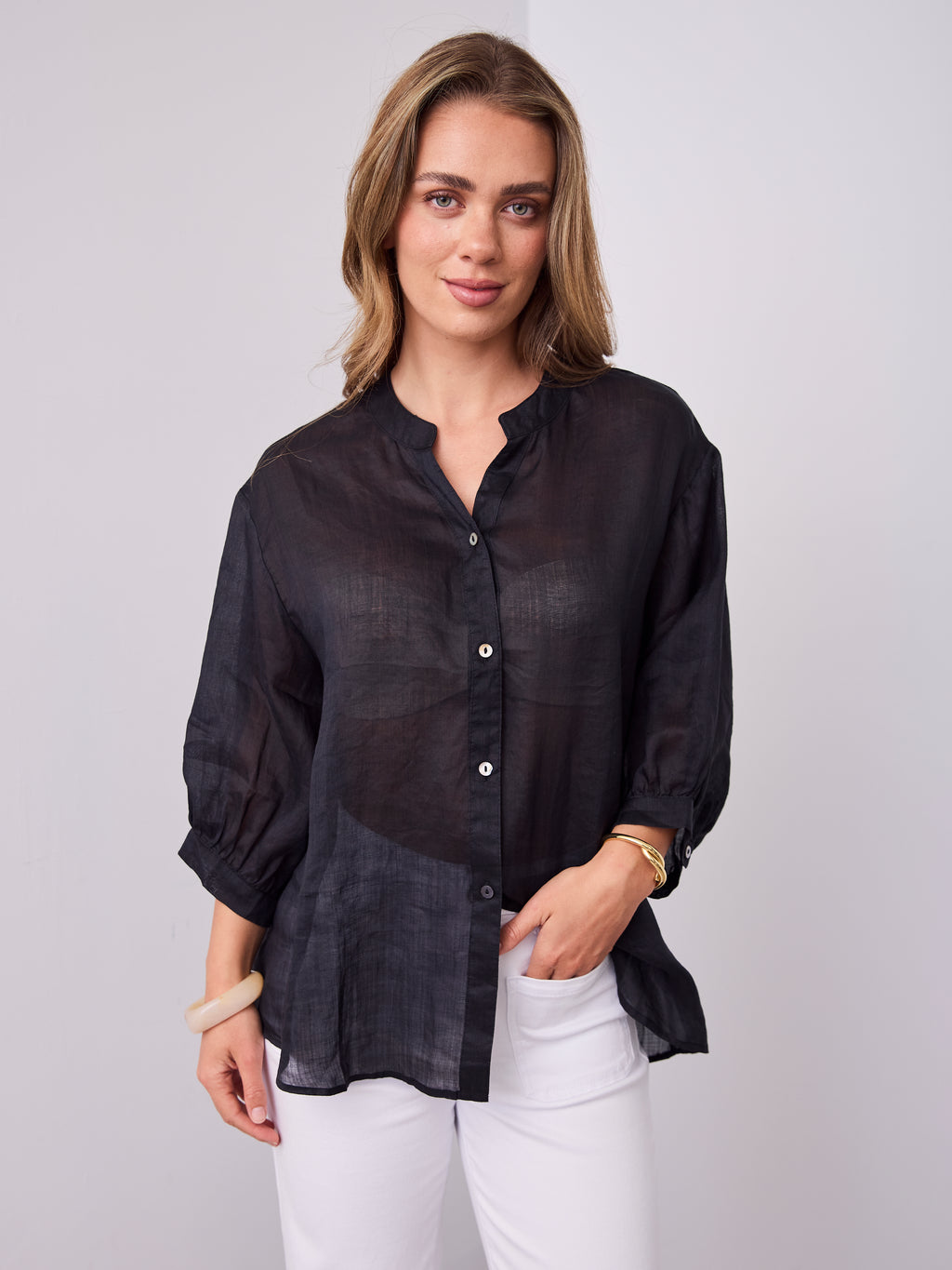 MARTA LINEN SHIRT - BLACK