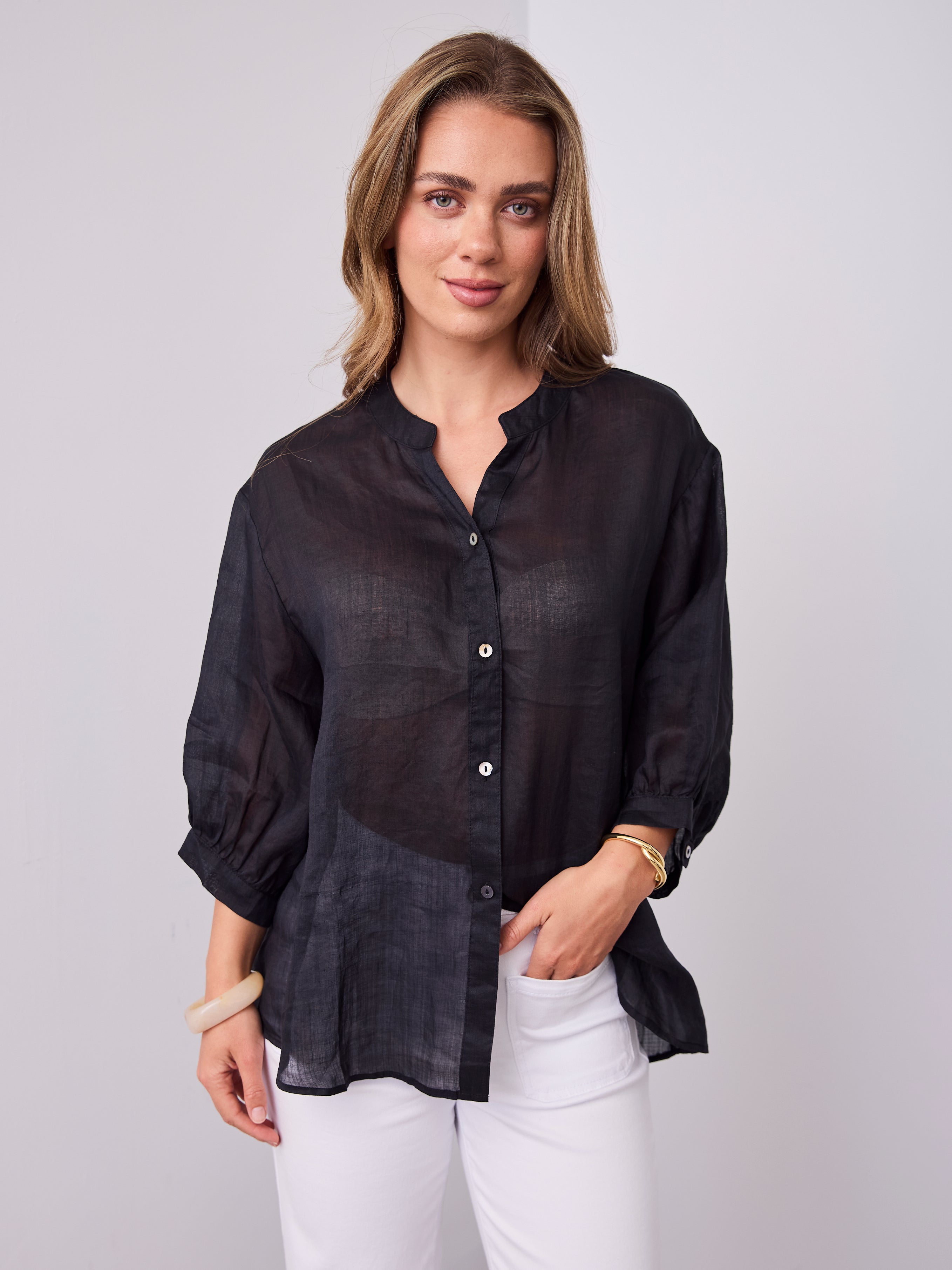 MARTA LINEN SHIRT - BLACK