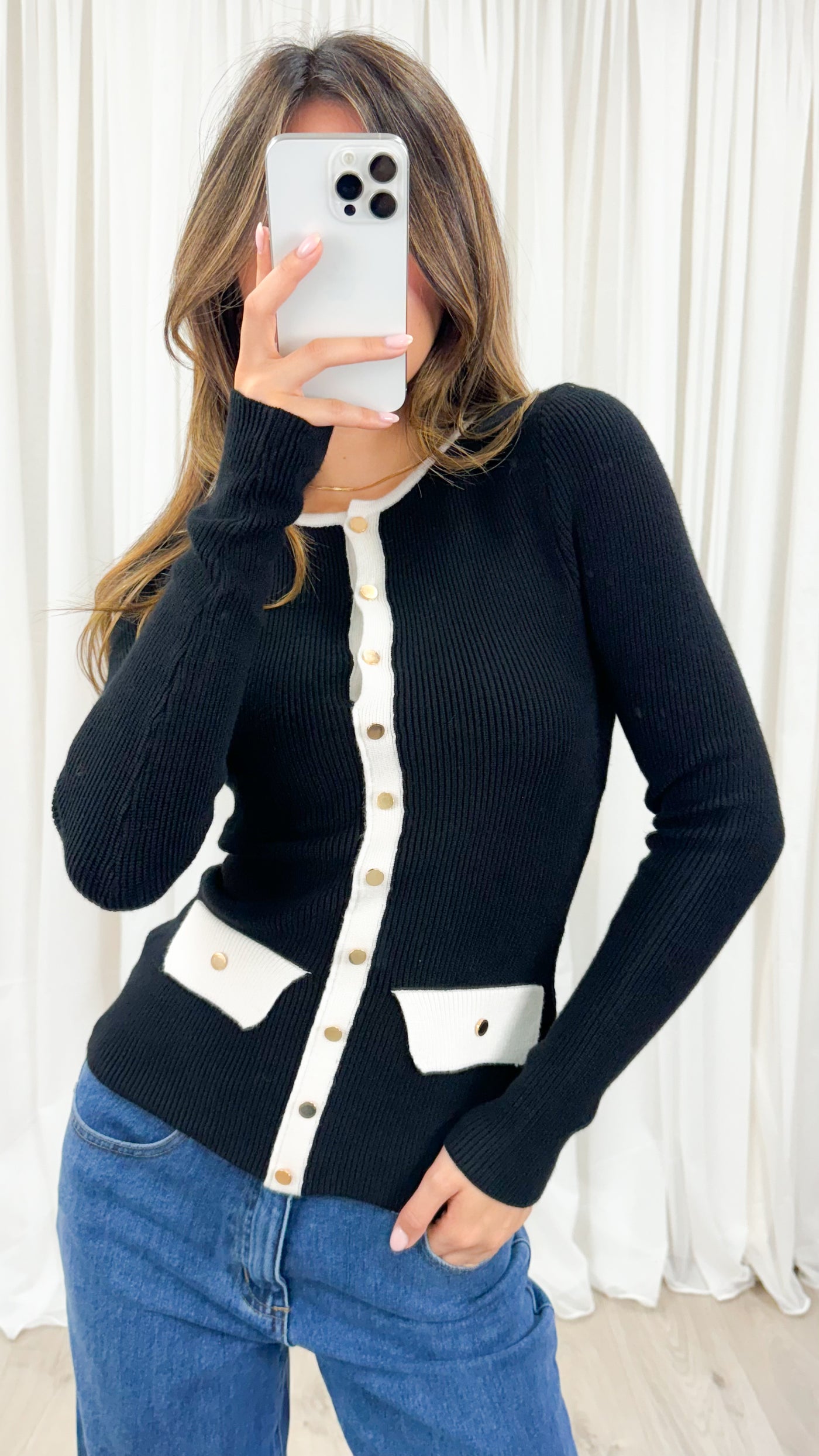 BOWEN KNIT CARDI TOP - BLACK