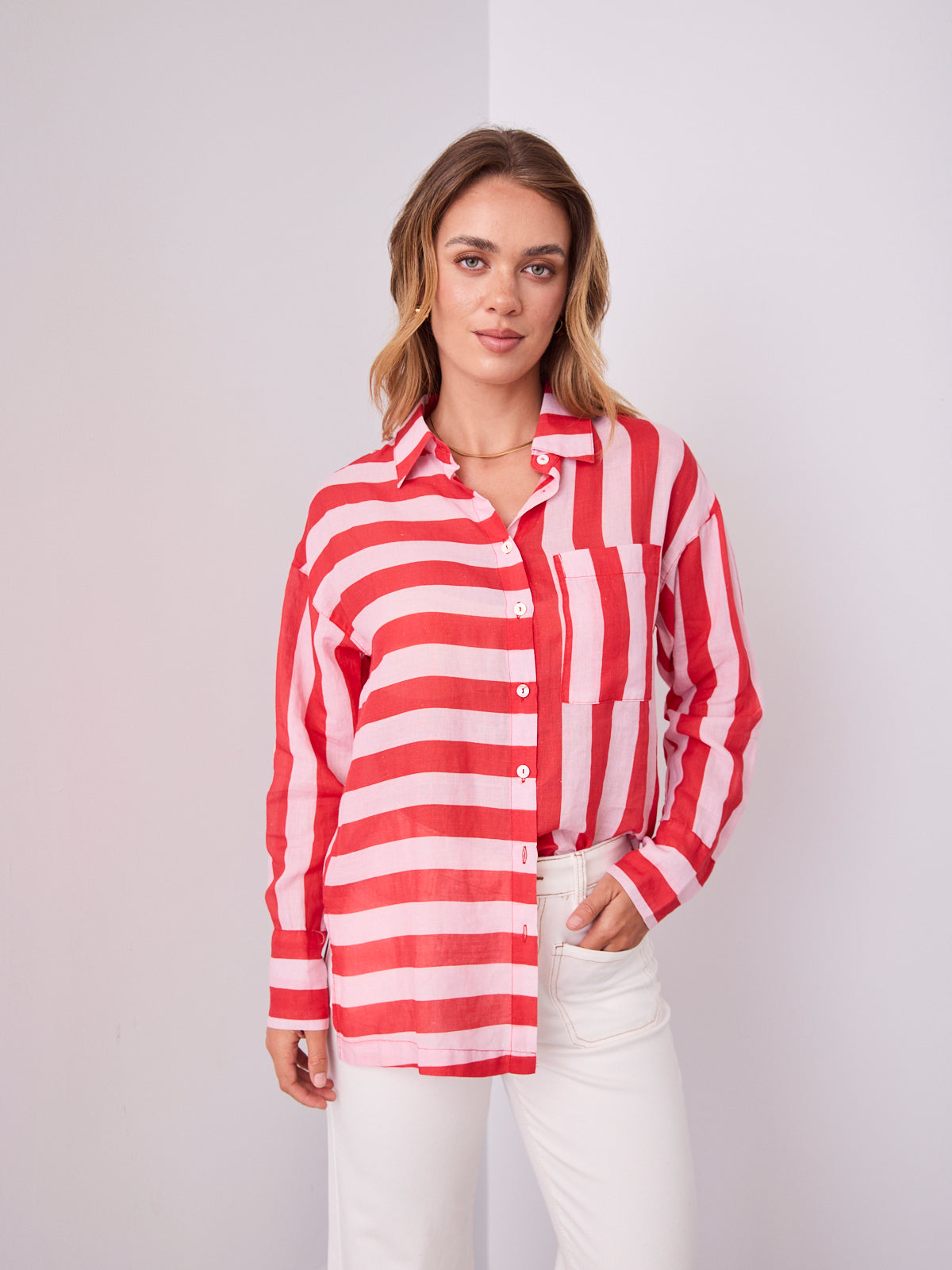 LAINE LINEN SHIRT - PINK/RED