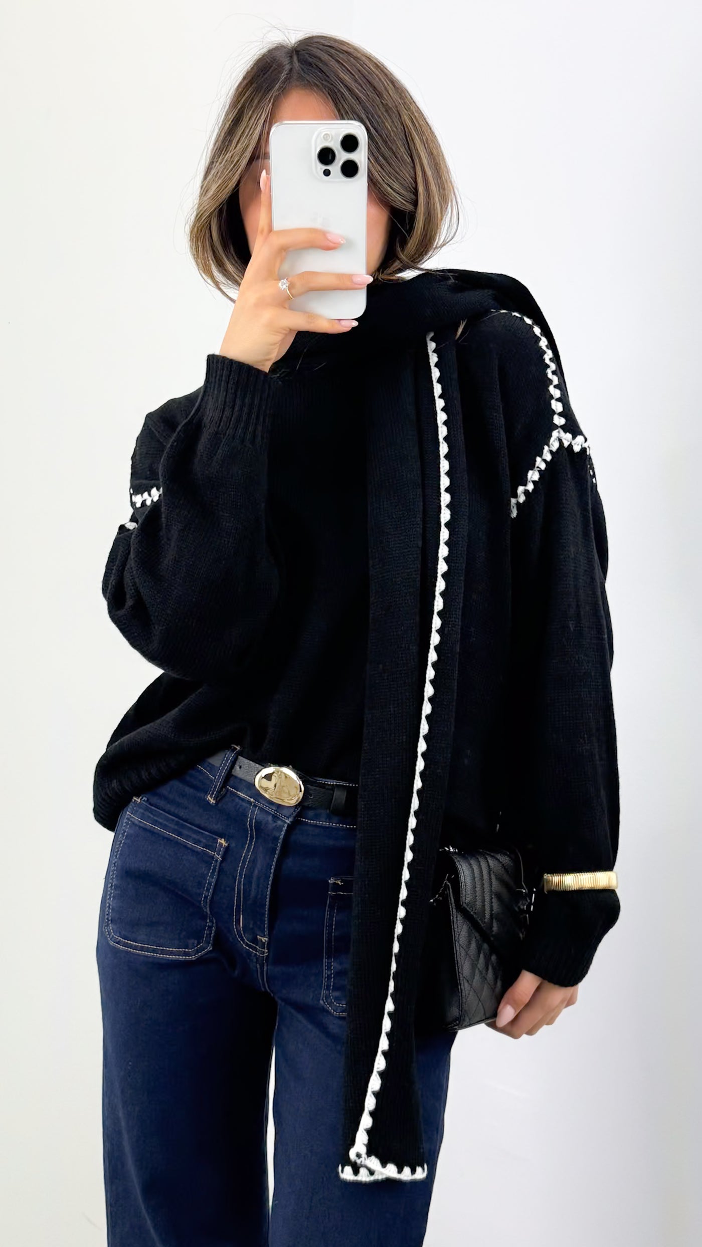 PARIS STITCH KNIT WITH SCARF - BLACK
