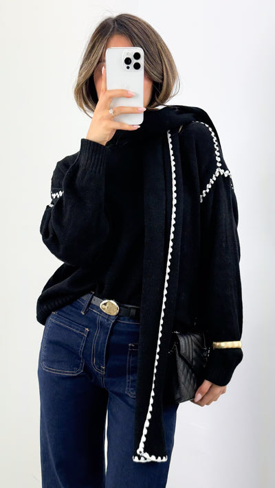 PARIS STITCH KNIT WITH SCARF - BLACK