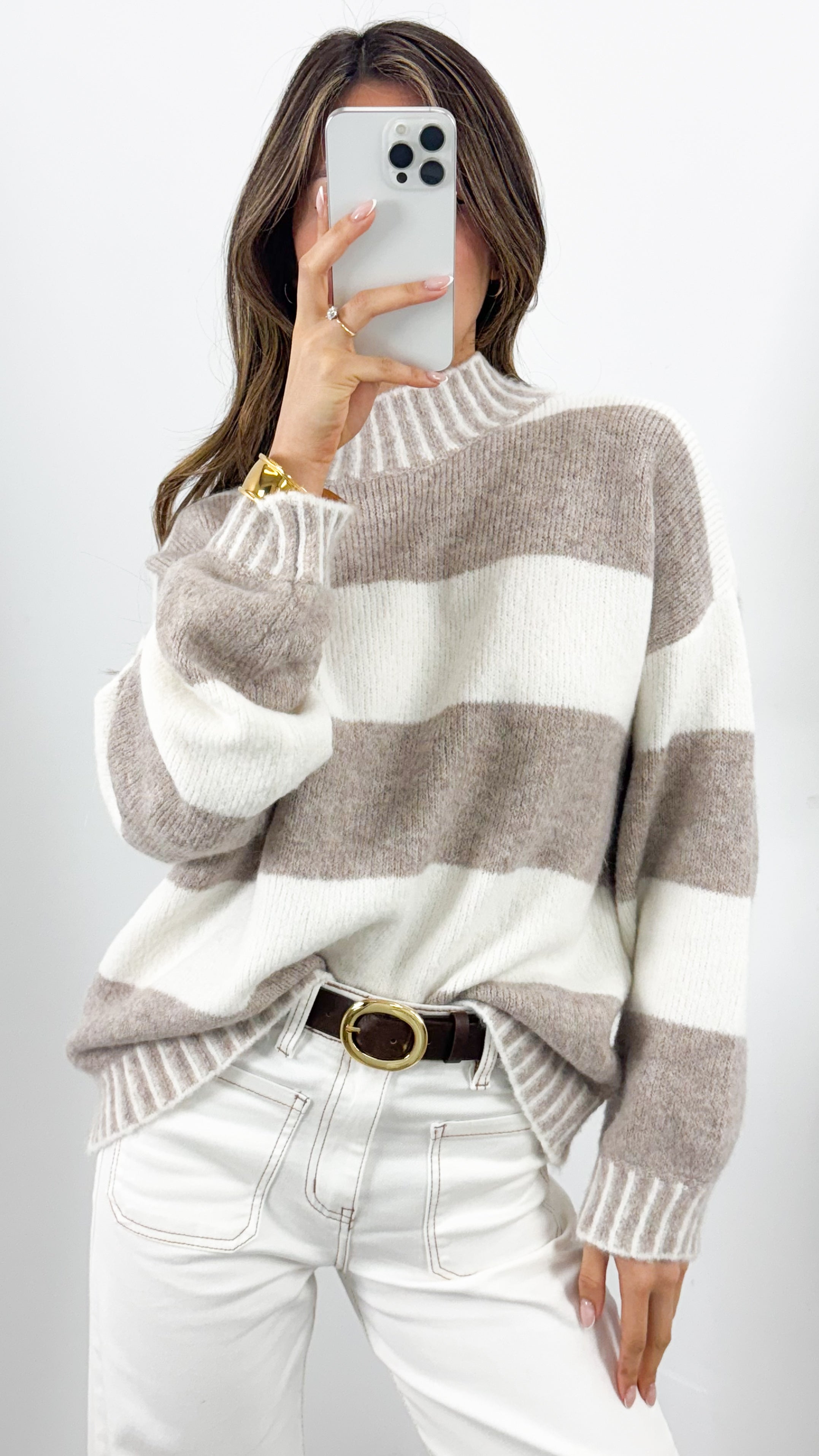 BESSIE BLOCK STRIPE KNIT - MOCHA/WHITE
