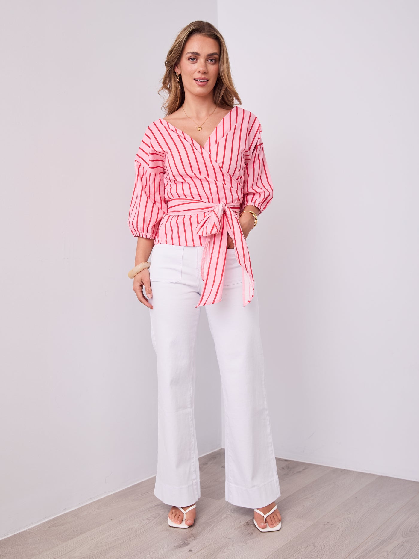 CANDICE STRIPE WRAP SHIRT - PINK