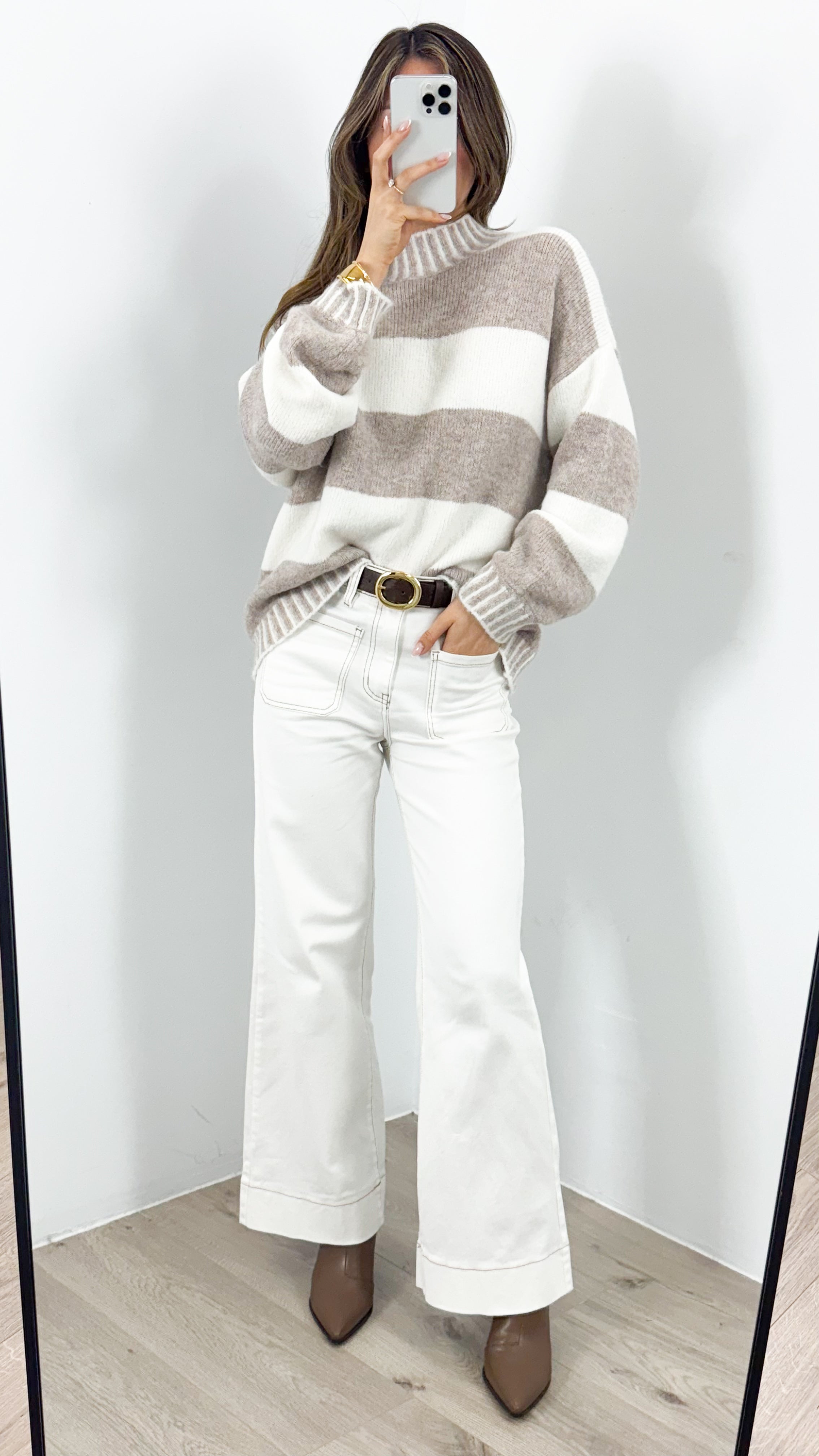 BESSIE BLOCK STRIPE KNIT - MOCHA/WHITE