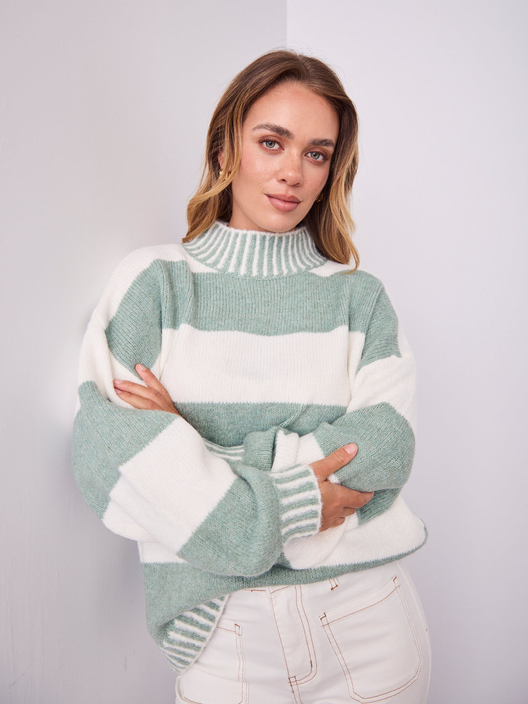BESSIE BLOCK STRIPE KNIT - SAGE/WHITE