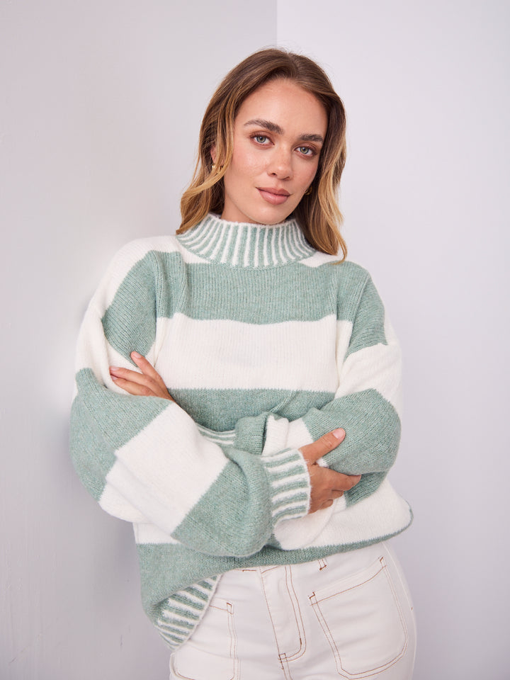 BESSIE BLOCK STRIPE KNIT - SAGE/WHITE