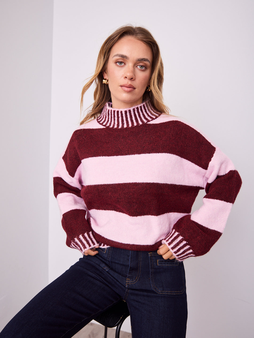 BESSIE BLOCK STRIPE KNIT - WINE/PINK