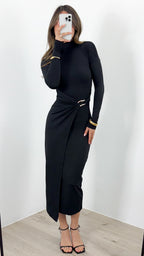 BROOKLYN LONG SLEEVE FITTED MIDI DRESS - BLACK