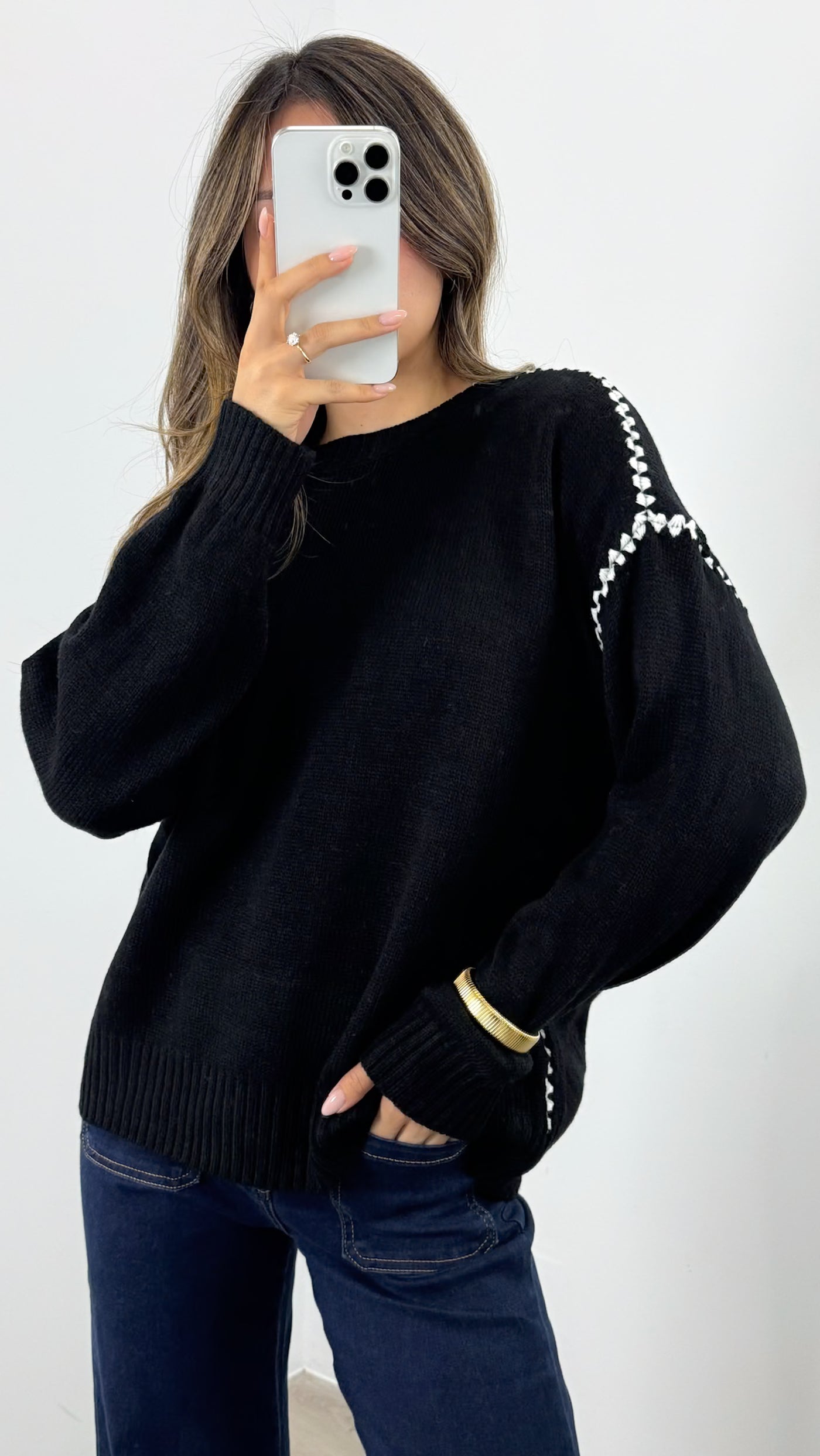 PARIS STITCH KNIT WITH SCARF - BLACK