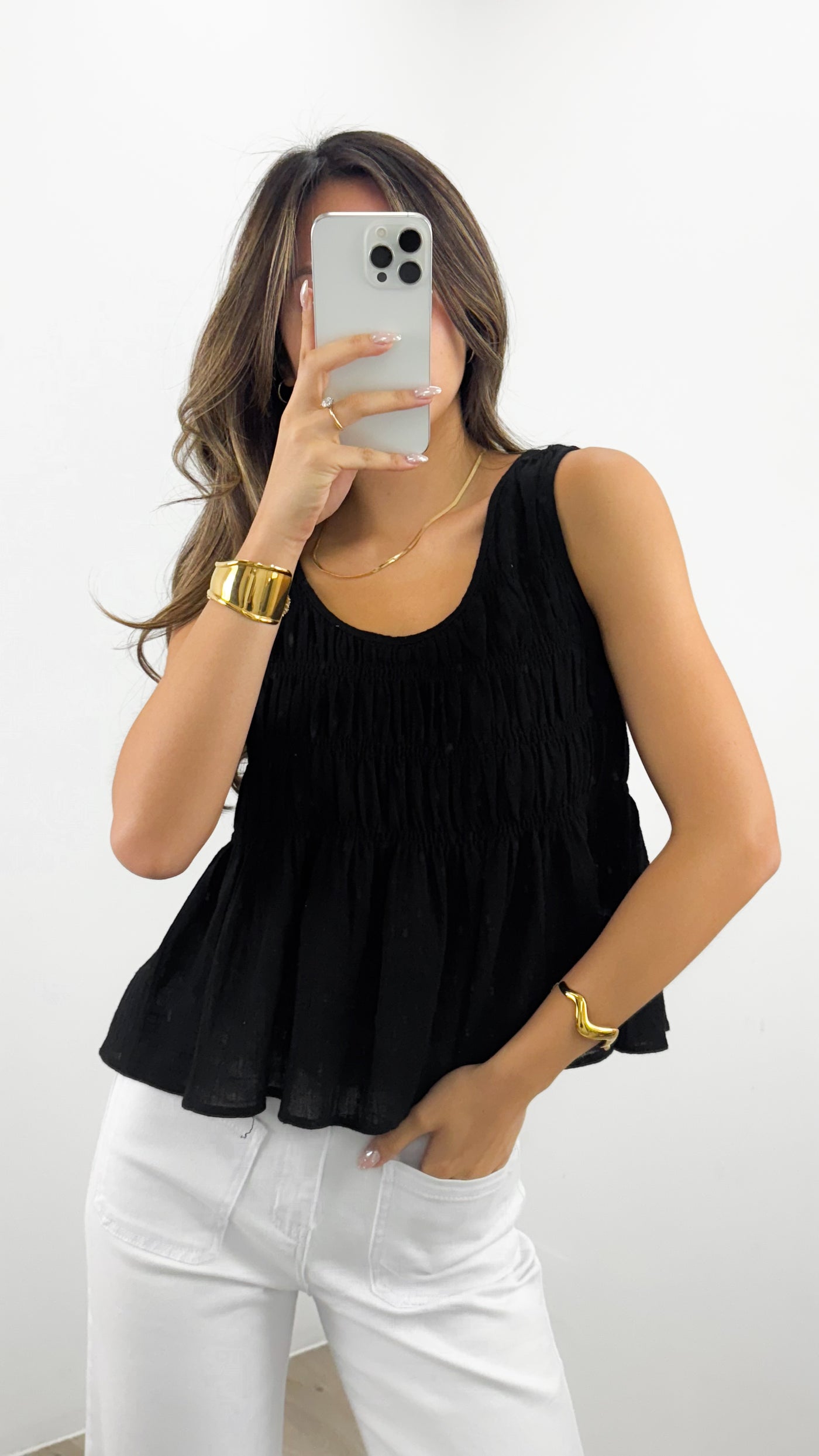 PALIA SHIRRED SINGLET - BLACK