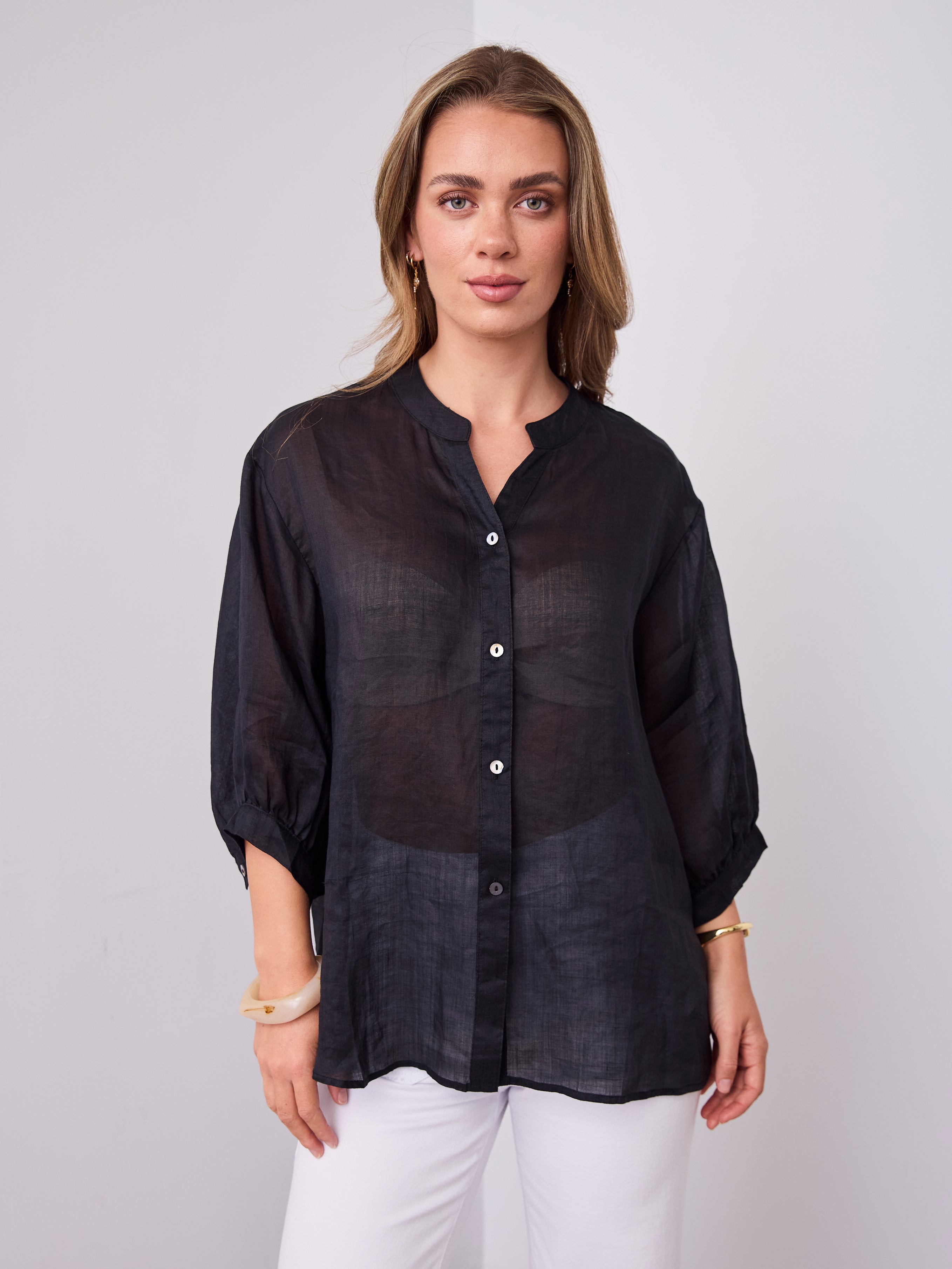 MARTA LINEN SHIRT - BLACK