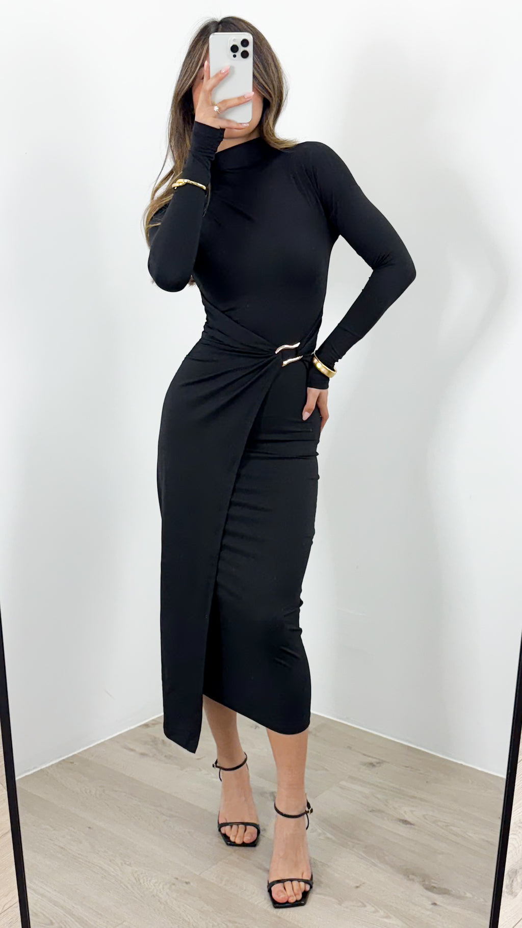 BROOKLYN LONG SLEEVE FITTED MIDI DRESS - BLACK