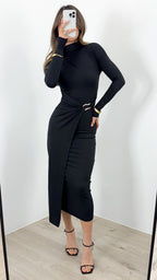 BROOKLYN LONG SLEEVE FITTED MIDI DRESS - BLACK