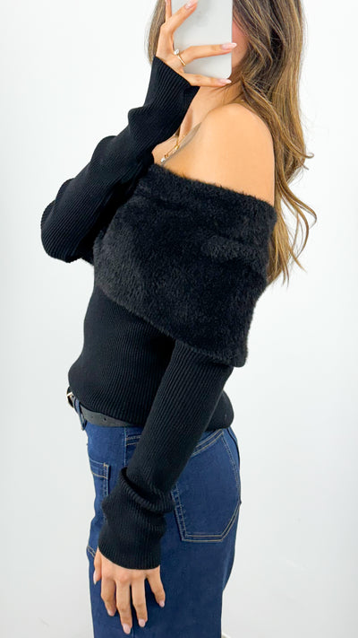 CARLY OFF SHOULDER KNIT TOP - BLACK