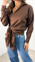 COMO LONG SLEEVE LINEN SHIRT - CHOCOLATE