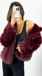 SASKIA FAUX FUR OVERSIZED JACKET - WINE