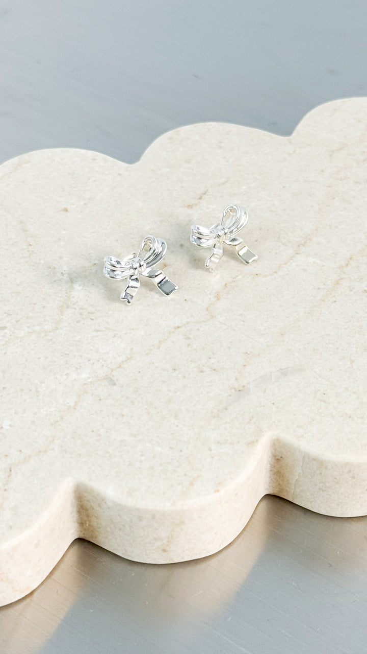 BOW STUD STERLING SILVER PLATED EARRINGS - SILVER