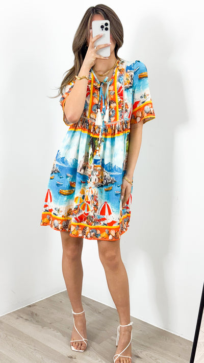 TRAPANI KNEE LENGTH DRESS - BLUE PRINT