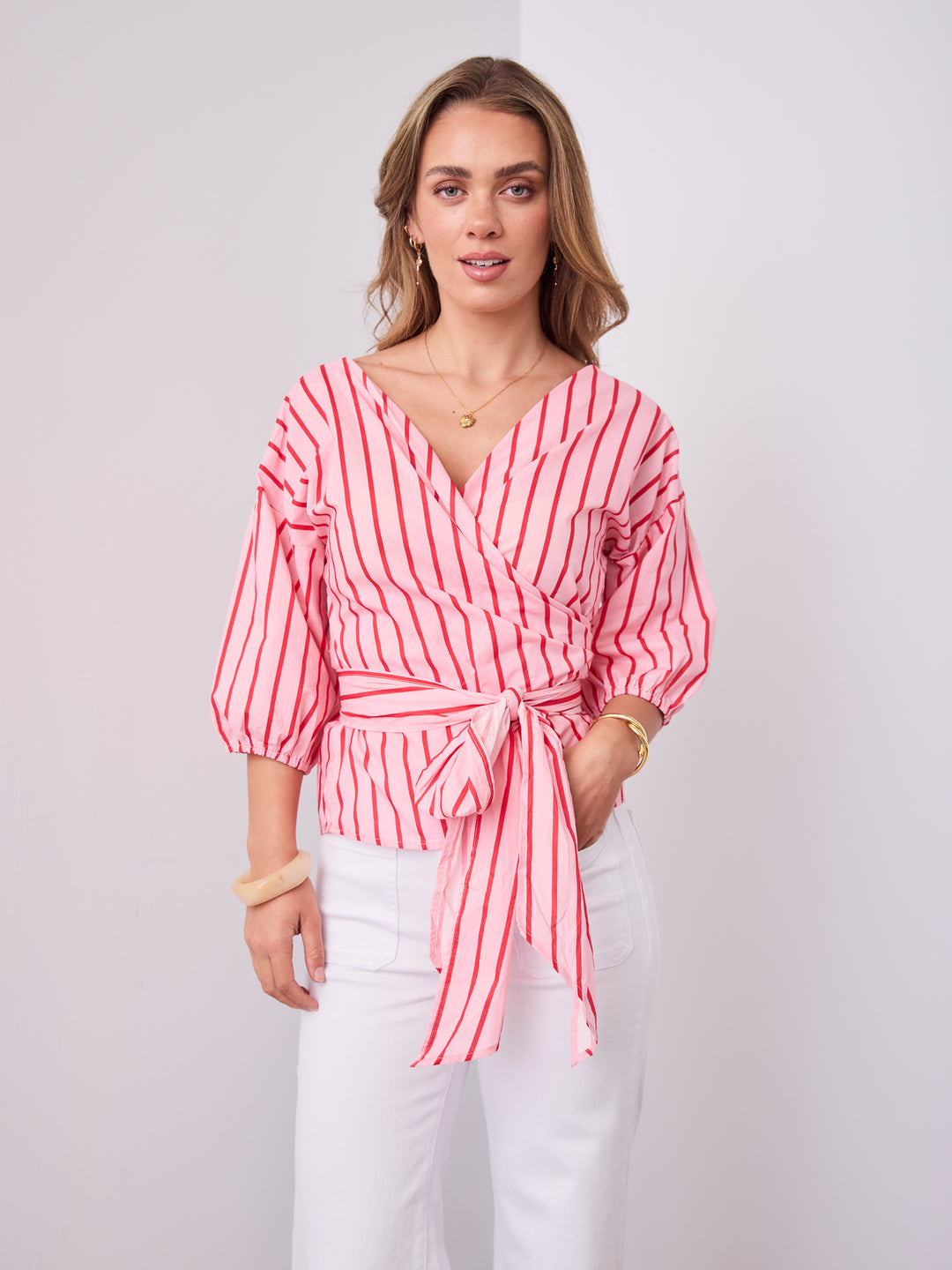 CANDICE STRIPE WRAP SHIRT - PINK