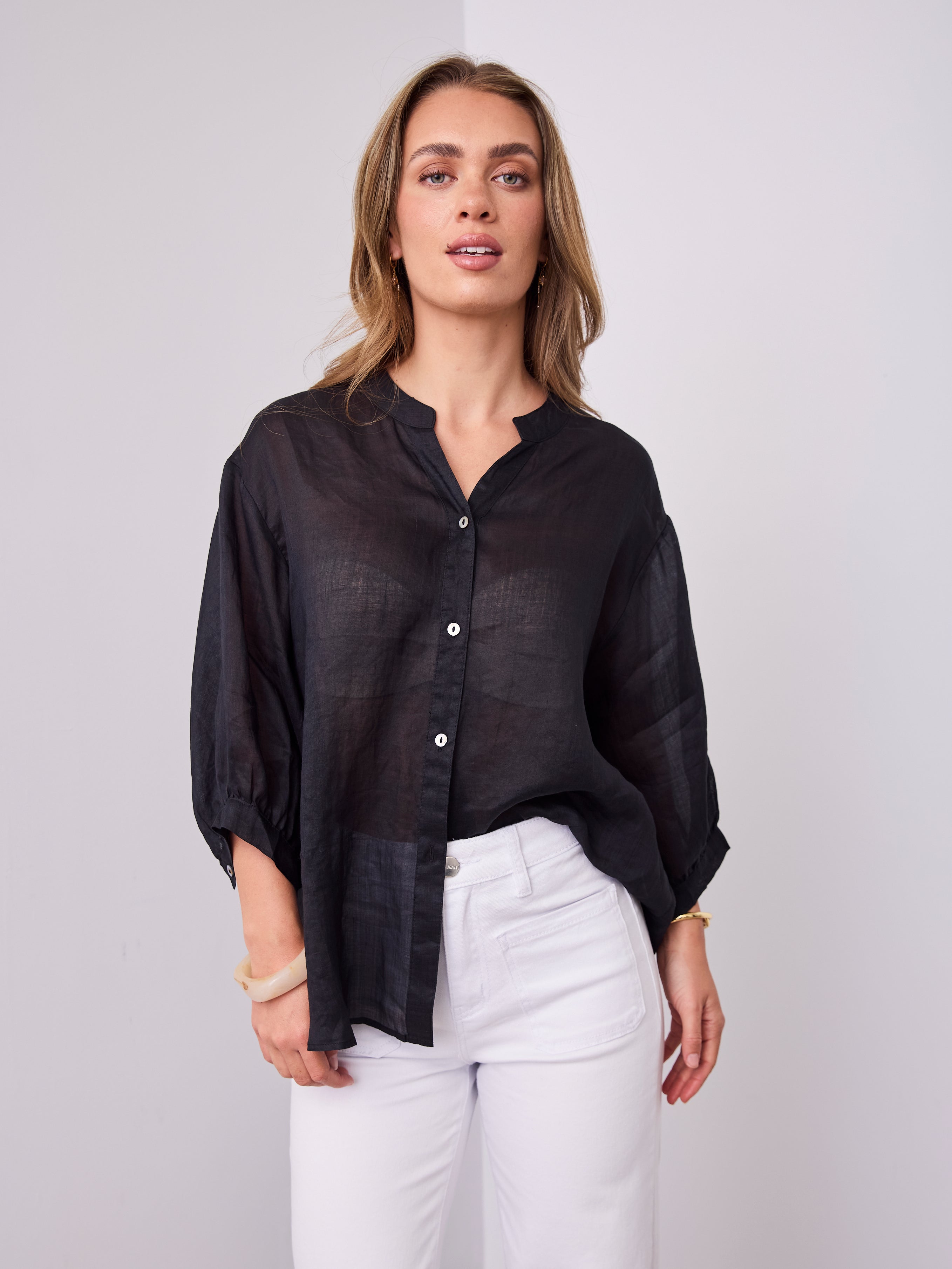 MARTA LINEN SHIRT - BLACK