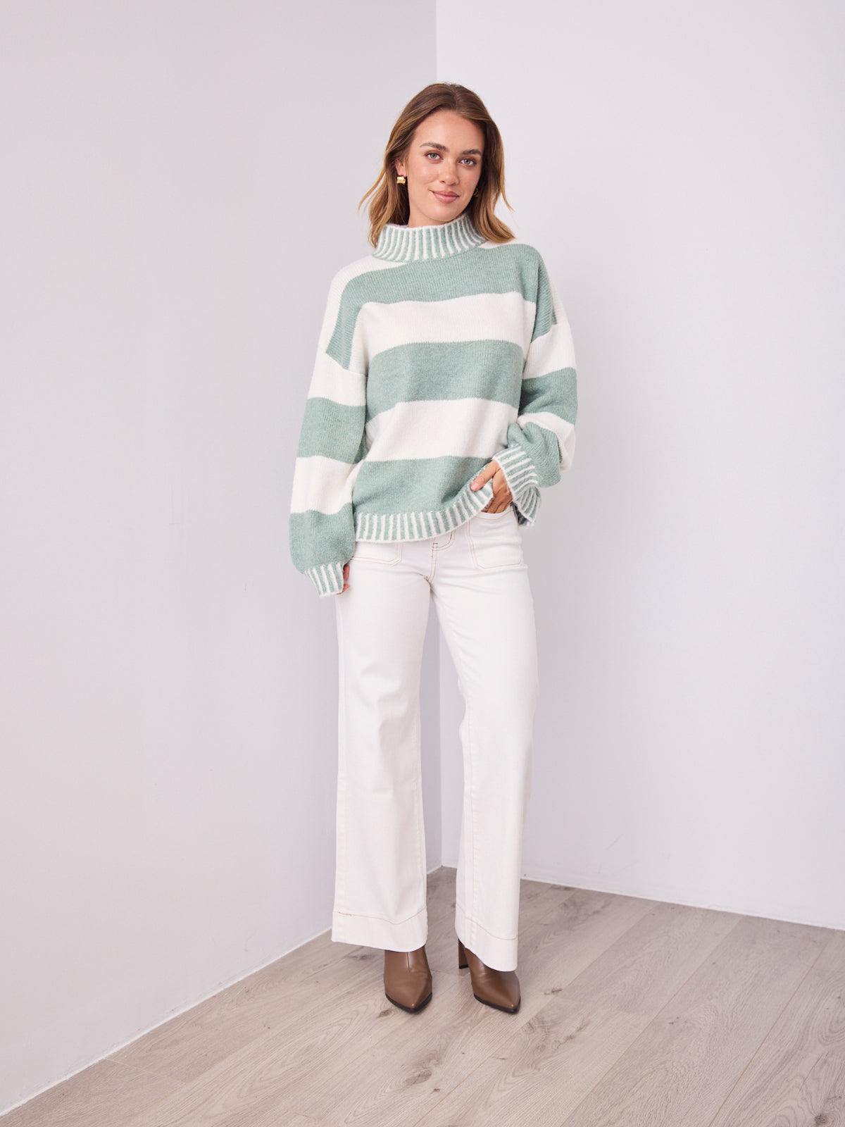 BESSIE BLOCK STRIPE KNIT - SAGE/WHITE