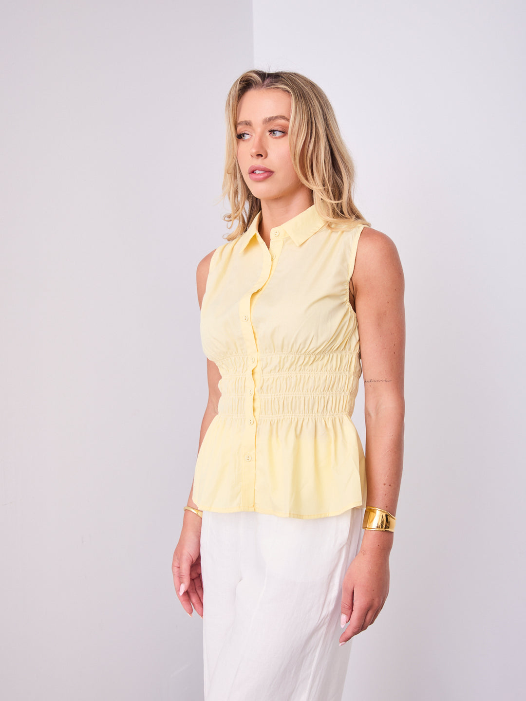 DEMI SHIRRED SHIRT - YELLOW