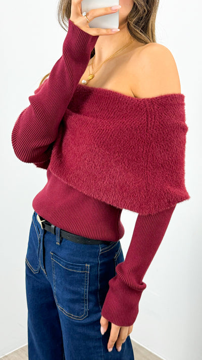 CARLY OFF SHOULDER KNIT TOP - WINE