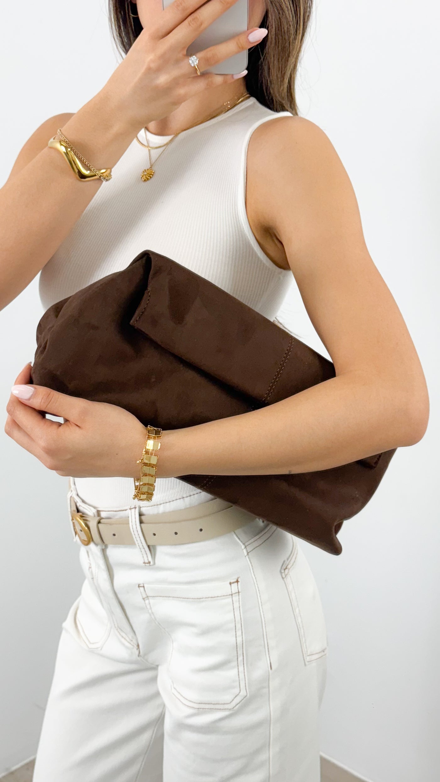 ADDISON FAUX SUEDE SLOUCH CLUTCH - CHOCOLATE