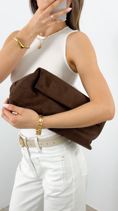 ADDISON FAUX SUEDE SLOUCH CLUTCH - CHOCOLATE