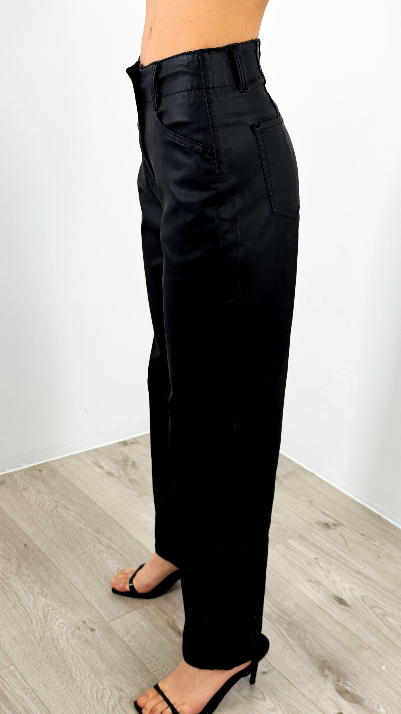 PERRY WAXED LOOK STRETCH WIDE LEG JEAN - BLACK