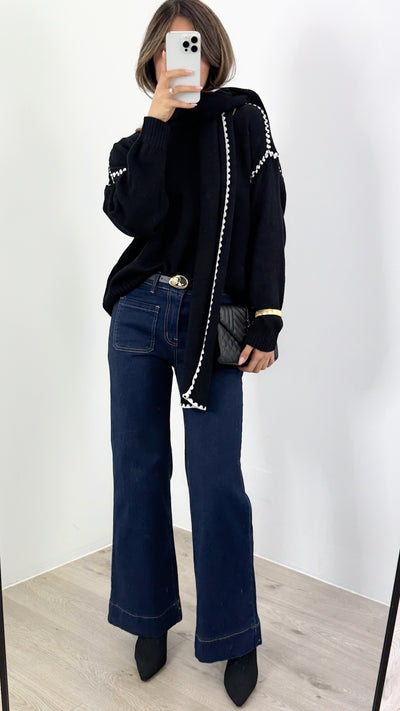 PARIS STITCH KNIT WITH SCARF - BLACK