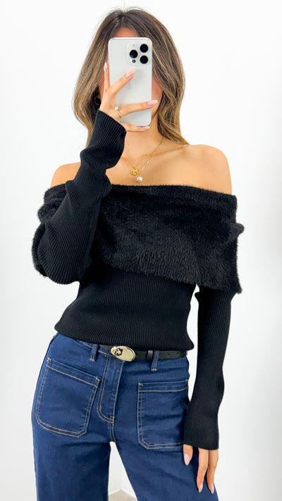 CARLY OFF SHOULDER KNIT TOP - BLACK