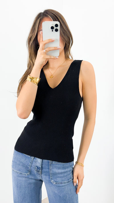 STASSI RIBBED V-NECK TANK - BLACK