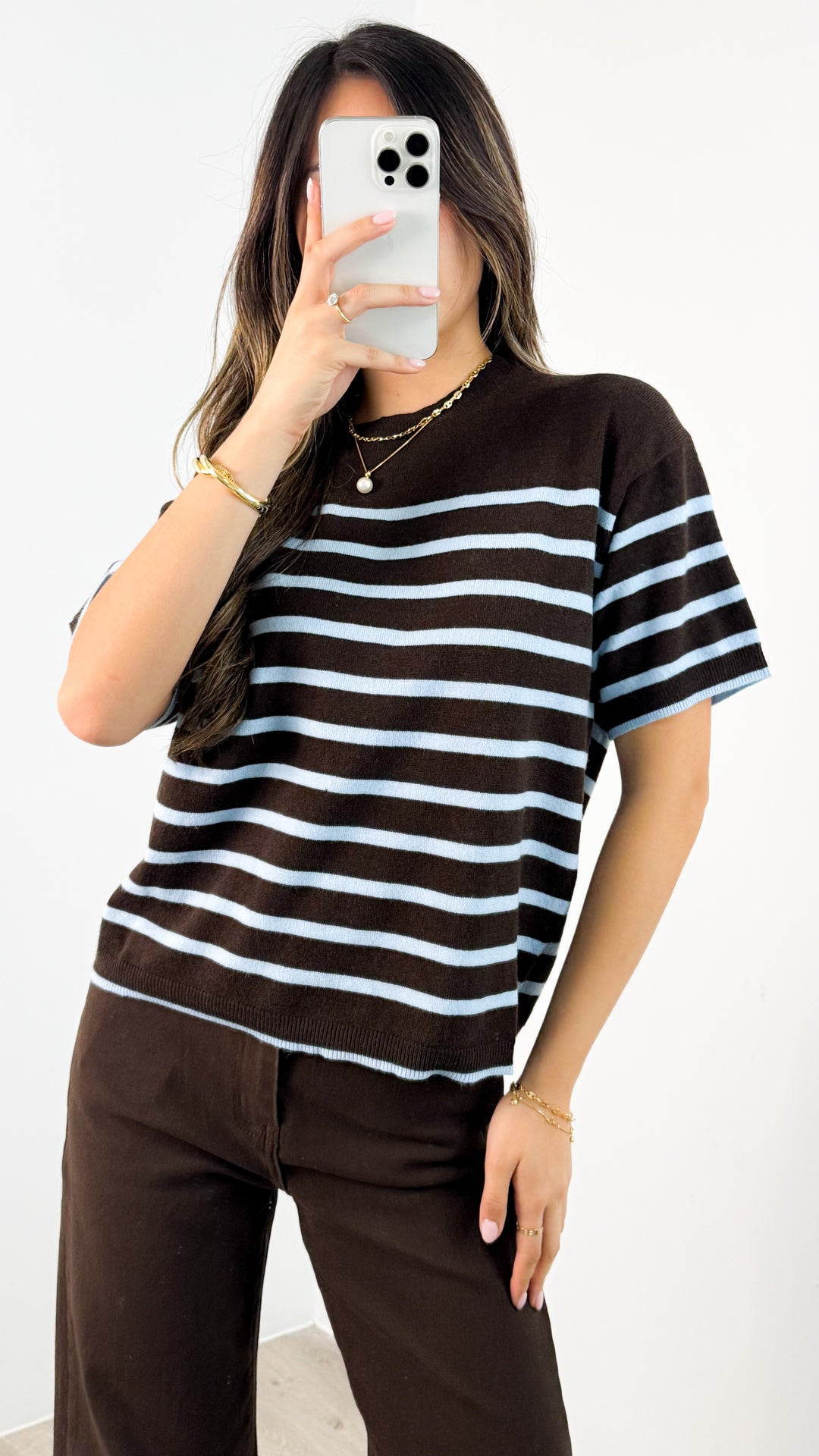 TALITA KNIT TEE - CHOCOLATE/BABY BLUE